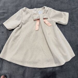 Tahari Baby Girl Dress Beige Gold Pink Bow Spring Easter Size 24 Months